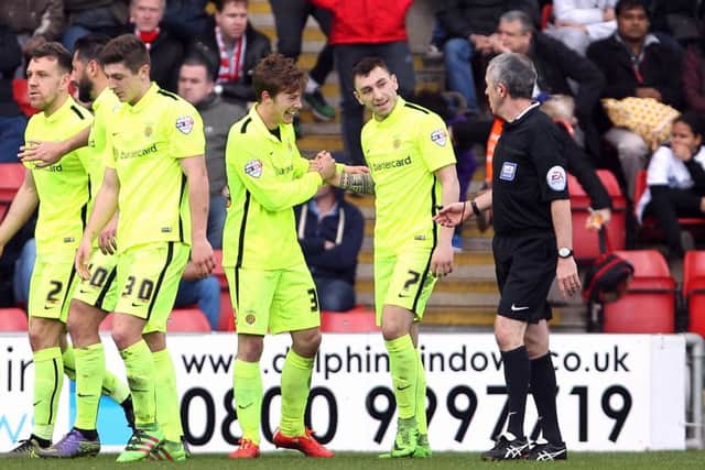Leyton Orient v Hartlepool United
English League Football - Sky BET League Two
Matchroom Stadium, Brisbane Road, Leyton, England.
28th March 2016
Hartlepool United's Nathan Thomas (right) celebrates making it 2-0 with Luke James
Picture by Dan Westwell