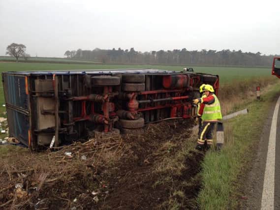 A lorry overturned in Kirklington. Credit: Nottinghamshire Fire and Rescue