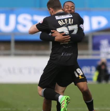 Mansfield Town's goalscorer Reggie Lambe celebrates with Daniel Alfei - Pic Chris Holloway