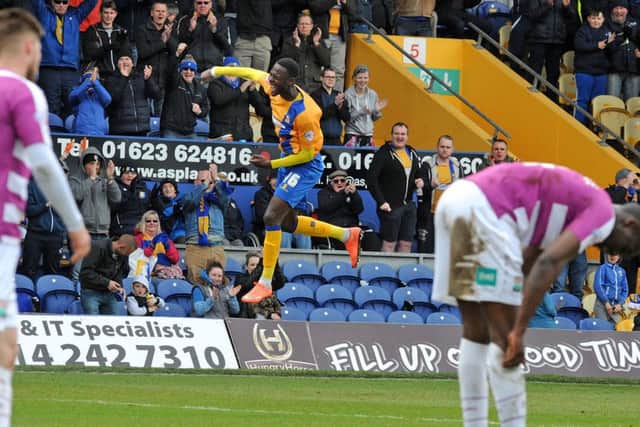 Mansfield Town v Barnet.Dieseruvwe celebrates after scoring Mansfield's equalizer.