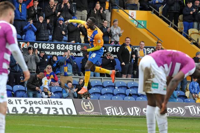 Mansfield Town v Barnet.Dieseruvwe celebrates after scoring Mansfield's equalizer.