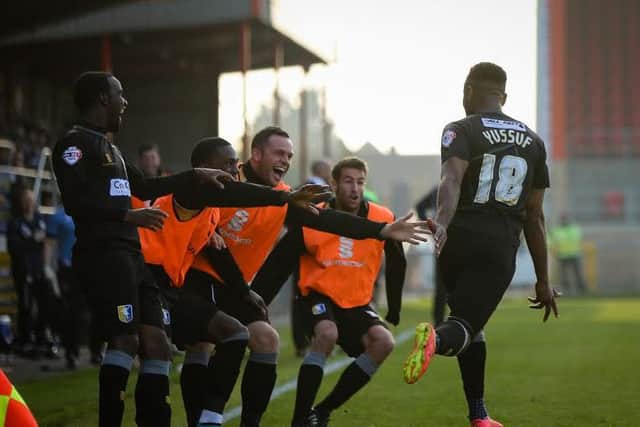 Adi Yussuf celebrates his winner at Dagenham.