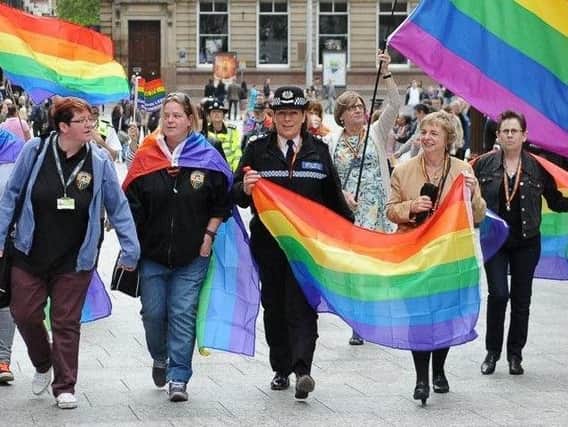 Nottinghamshire's chief police officer, Sue Fish, has made a stand with victims of the Orlando massacre.  Pictured at IDAHO Day 2015 in Nottingham.