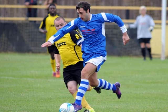 Love Island's Avi Shepherd in action at the Reality TV charity football match at Hucknall Town on Saturday in aid of Meningitis UK.