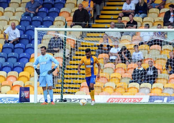 Mansfield Town v Cheltenham
'Keeper, Scott Shearer and Mal Benning ponder the wonder strike that levelled things up a the One Call Stadium on Saturday.