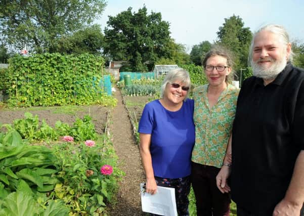 Pam Wilkinson, left, secretary of the Hucknall Cottage Garden Assoication, their chairman, Steve Ball and allotment holder Max Gaskell who are heading a campaign to get allotments which straddle the by-pass listed.