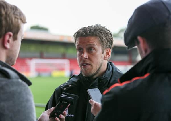Mansfield Town's Kevan Hurst speaks with the press after the Crewe game - Pic by Chris Holloway
