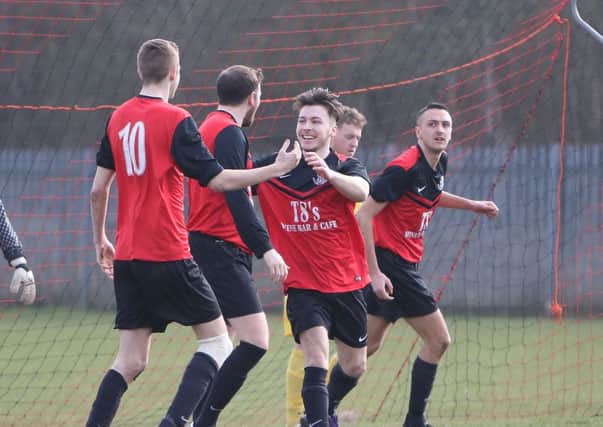 Linby Colliery v Selston (yellow), Linby celebrate scoring in the opening minutes