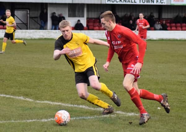Action from Hucknall Town (in yellow) against AFC Mansfield on Saturday. Photo by Peter Craggs.