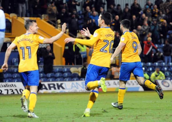 Mansfield Town v  Oldham Athletic.
Celebrations after Mansfield's first goal on Tuesday night.
