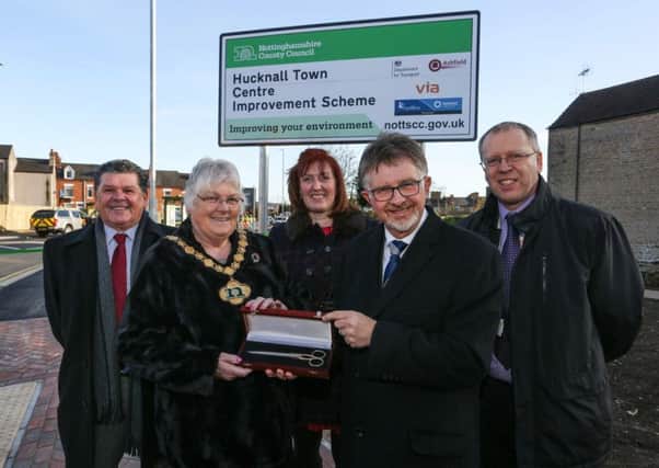 Event: Official opening of the new road which marks the completion of Phase One of the Hucknall Town Centre Improvement Scheme. Guests will include, from left Transport and Highways Committee Chairman Councillor Kevin Greaves, County Council Chairman Councillor Yvonne Woodhead, Councillor Cheryl Butler Leader of Ashfield District Council, Nottinghamshire County Council Leader Councillor Alan Rhodes and Via East Midlands MD Doug Coutts. Picture taken on 25-11-16 by Dave Tully for NCC.