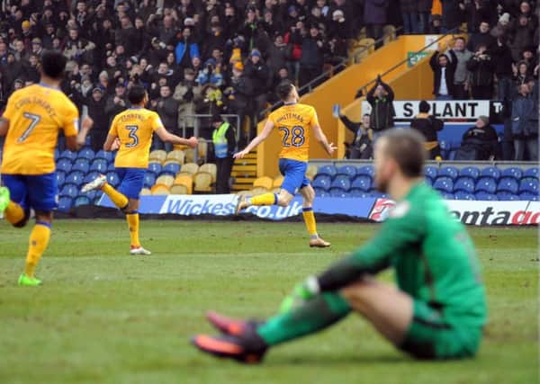 Mansfield Town v Hartlepool United.
Ben Whiteman runs to the Ian Greaves Stand to celebrated the Stags first goal.