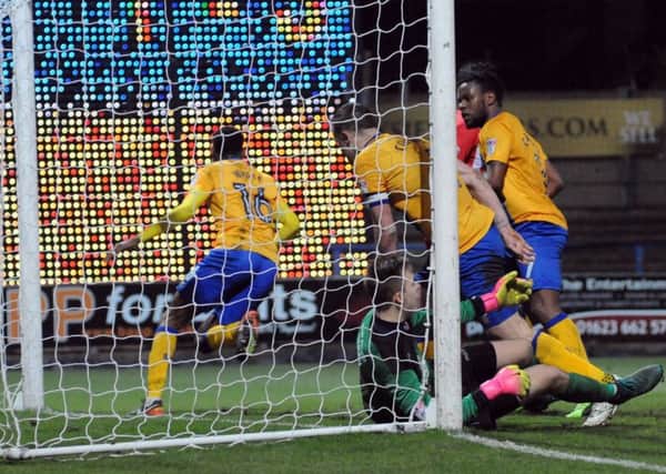 Mansfield v Accrington Stanley.
Hayden White turns away in celebration after scorint the Stags' second goal.
