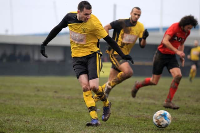 Hucknall Town v Eastwood Community in the CMFL Challenge Cup Quarter Final, Saturday February 11th 2017. Jamie Crawford in action for Hucknall.