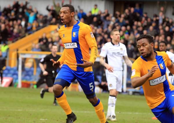Mansfield Town v Newport County in the Sky Bet League 2. Krystian Pearce scores for Mansfield. Picture: Chris Etchells