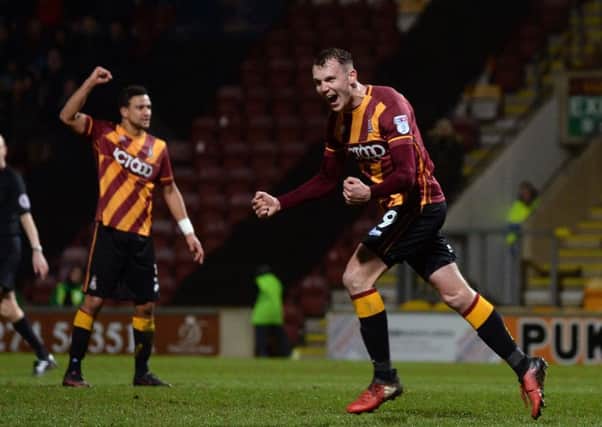 Charlie Wyke celebrates heading in City's second equaliser.
Bradford City v MK Dons.  SkyBet League 1.  Northern Commercial Stadium, Valley Parade.     28 February 2017.  Picture Bruce Rollinson