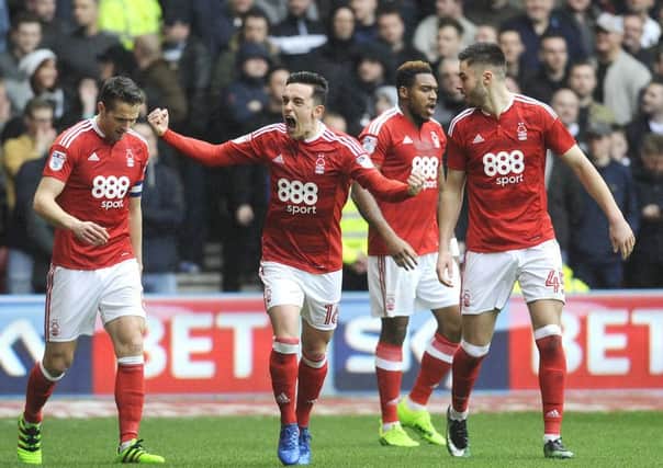 IN PICTURE: Zach Clough - goal celebrations.
SPORT: LEAD: Nottingham Forest v Derby County.  Sky Bet Championship match at the City Ground, Nottingham.  Saturday, 18th March 2017.
MARK FEAR - MARK FEAR PHOTOGRAPHY.  CONTACT markfearphotographer@outlook.com (+44) 753 977 3354