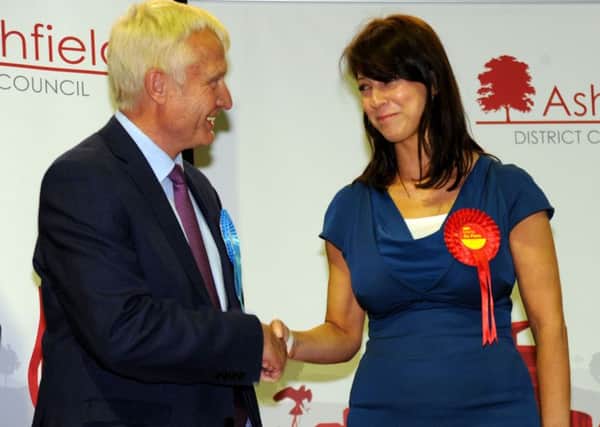 Ashfield's re-elected MP, Gloria de Piero is congratulated on her victory by Conservative's Tony Harper.
