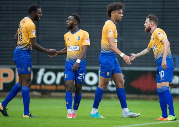 Mansfield Town vs Middlesborough - Mansfield Town players celebrate Lee Angols goal - Pic By James Williamson