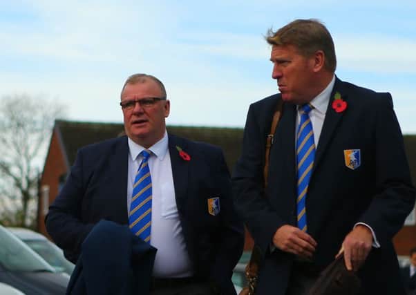Steve Evans (Manager) (L) of Mansfield Town during the FA Cup match between Shaw Lane AFC and Mansfield Town at Sheerien Park, Barnsley, England on 4 November 2017. Photo by Stephen Gaunt/PRiME Media Images