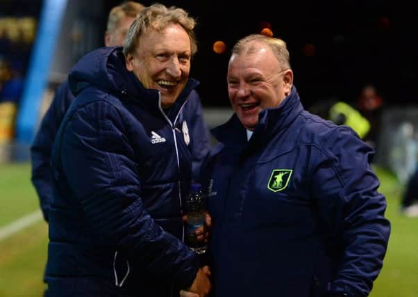 Picture by Howard Roe/AHPIX.com;Football; FA Cup;3rd Round;
Mansfield Town v Cardiff City
16/1/2018 KO 7.450pm; ;Field Mill
copyright picture;Howard Roe;07973 739229

All smiles between Mansfield's Steve Evans and  Cardiff's Neil Warnock before the kickoff