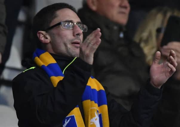 Mansfield Town fan: Picture by Steve Flynn/AHPIX.com, Football: Skybet League Two match Morecambe -V- Mansfield Town at Globe Arena, Morecambe, Lancashire, England on copyright picture Howard Roe 07973 739229