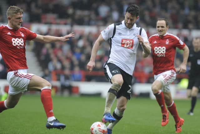 IN PICTURE: Joe Worrall and David Nugent.SPORT: LEAD: Nottingham Forest v Derby County.  Sky Bet Championship match at the City Ground, Nottingham.  Saturday, 18th March 2017.MARK FEAR - MARK FEAR PHOTOGRAPHY.  CONTACT markfearphotographer@outlook.com (+44) 753 977 3354
