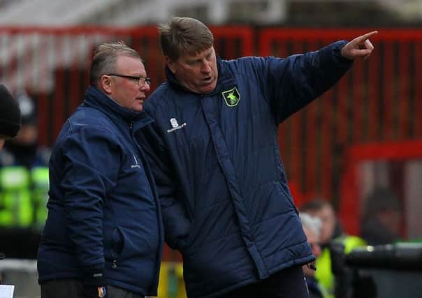 Picture by Gareth Williams/AHPIX.com; Football; Sky Bet League Two; Swindon Town v Mansfield Town; 10/2/18  KO 15.00; The Energy Check County Ground; copyright picture; Howard Roe/AHPIX.com; Steve Evans and Paul Raynor discuss making changes at Swindon