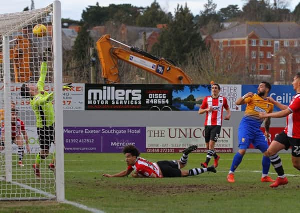 Picture by Gareth Williams/AHPIX.com; Football; Sky Bet League Two; Exeter City v Mansfield Town; 17/2/18  KO 15.00; St James Park; copyright picture; Howard Roe/AHPIX.com; Mansfield's Kane Hemmings hits the Exeter bar before Danny Rose volleys home the rebound