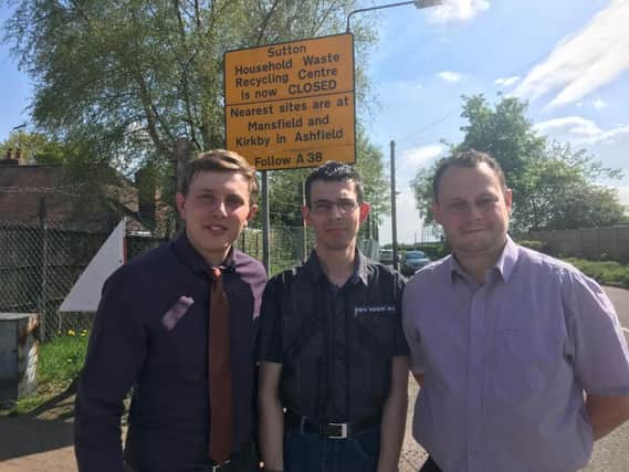 Councillor Tom Hollis, local resident Andrew Harding and Councillor Jason Zadrozny outside Sutton Waste Recycling Centre.